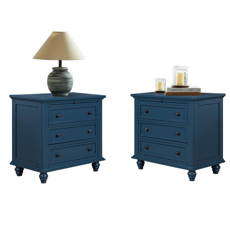 Modern 3-Drawer Nightstand (Set of 2) with Pull Out Tray for Organized Living Spaces