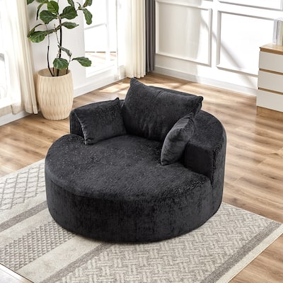 Black Round Chenille Single Sleeper Sofa with Backrest Pillow
