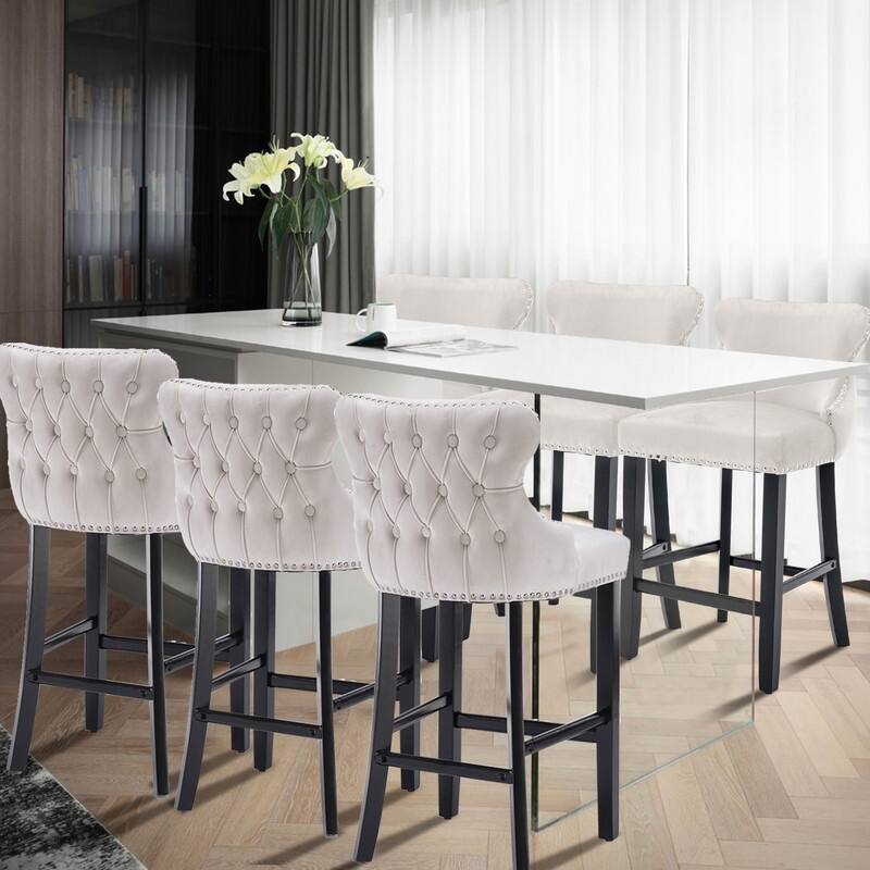 Button Tufted Velvet Wing Back Barstools Set of 6