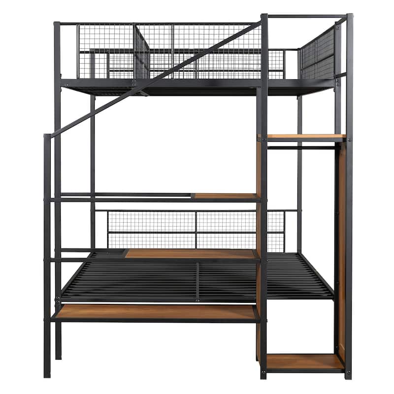 Black Twin over Full Size Metal Bunk Bed with Wire Shelving and Lateral Storage Ladder and Wardrobe