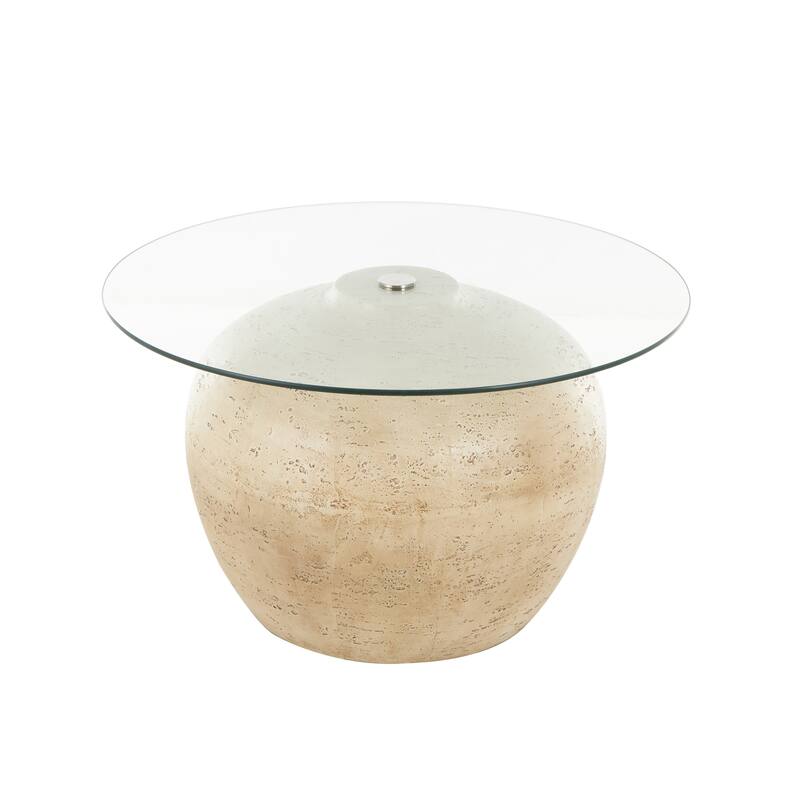 Beige Resin Wide Living Room Coffee Table with Glass Tabletop