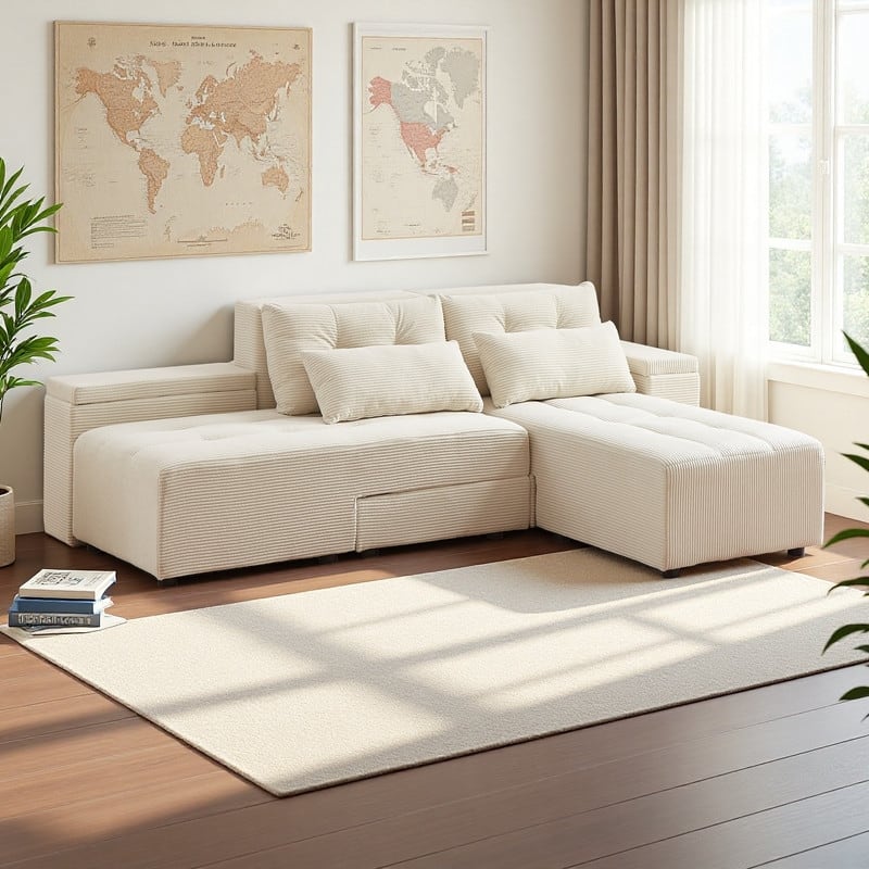 94" Corduroy 3-in-1 Convertible Sectional Sofa with 4 Storage Spaces and 4 Pillows - Beige