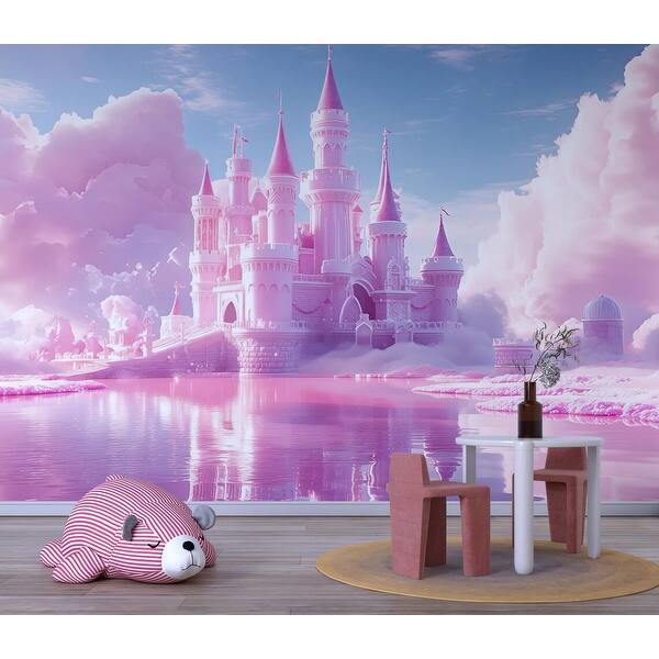 Pink Castle Wall Mural Fantasy Cloud Kingdom Wallpaper for Kids Room ...