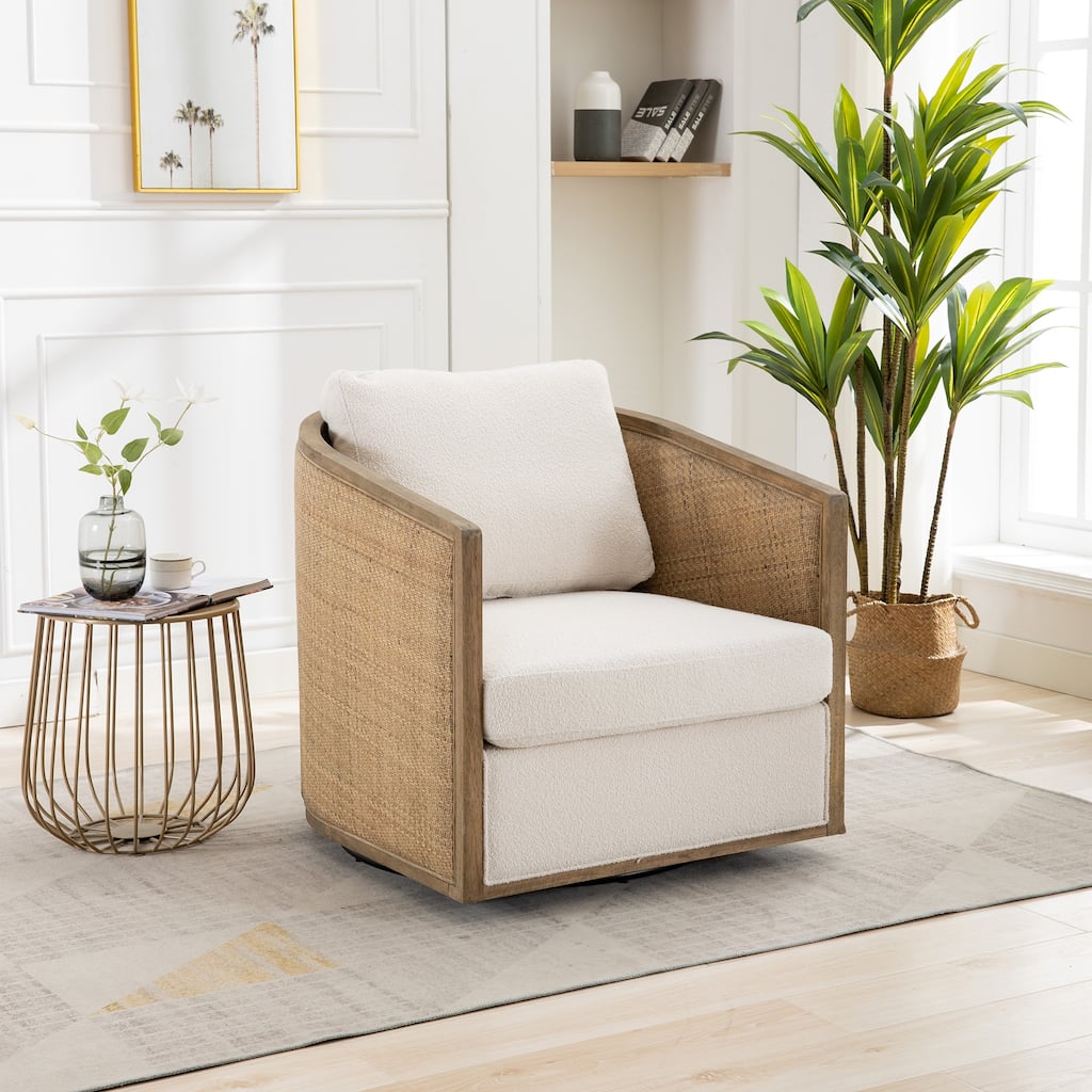 Beige Modern 30.12" Upholstered 360° Swivel Barrel Chair with Sturdy Hardwood Frame