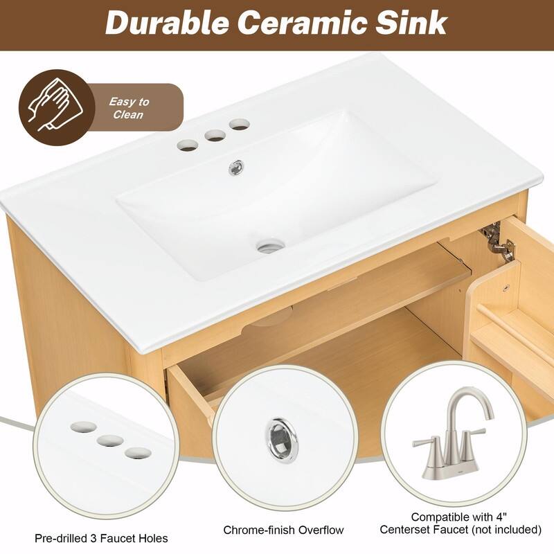 30 Inch Modern Bathroom Vanity with Ceramic Sink, Natural Wood Grain Cabinet, Solid Wood Frame