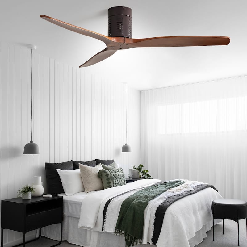 52" Flush Mount Wood Ceiling Fan with Dimmable LED Light and Remote Control