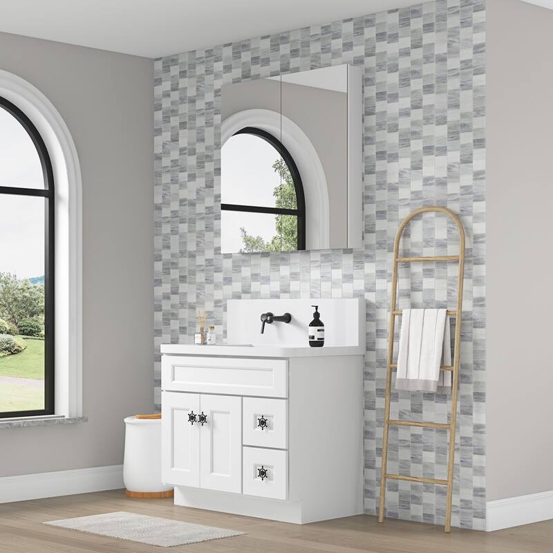 Frameless Bathroom Medicine Cabinet with Beveled Mirror Edges, Left Opening Door, Soft-Closing Hinges - 36X36 in - White + Engineered Wood