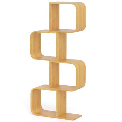 Natural Wicker S-Shaped Bookshelf 4-Cube Open Storage Shelf with Anti-Tip Kit - 24" L x 9" W x 26" H