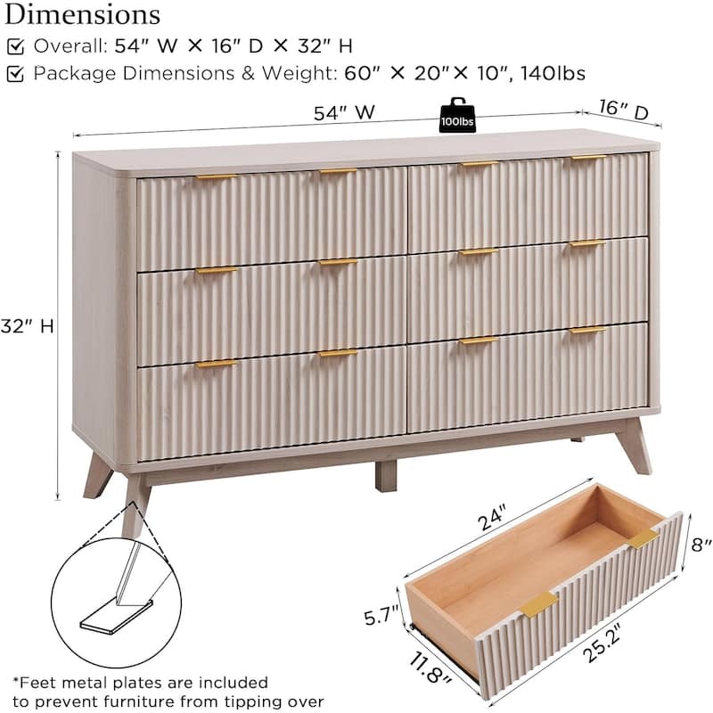 Modern Fluted 6 Drawers Dresser, Chest of Drawers, Dresser TV Stand
