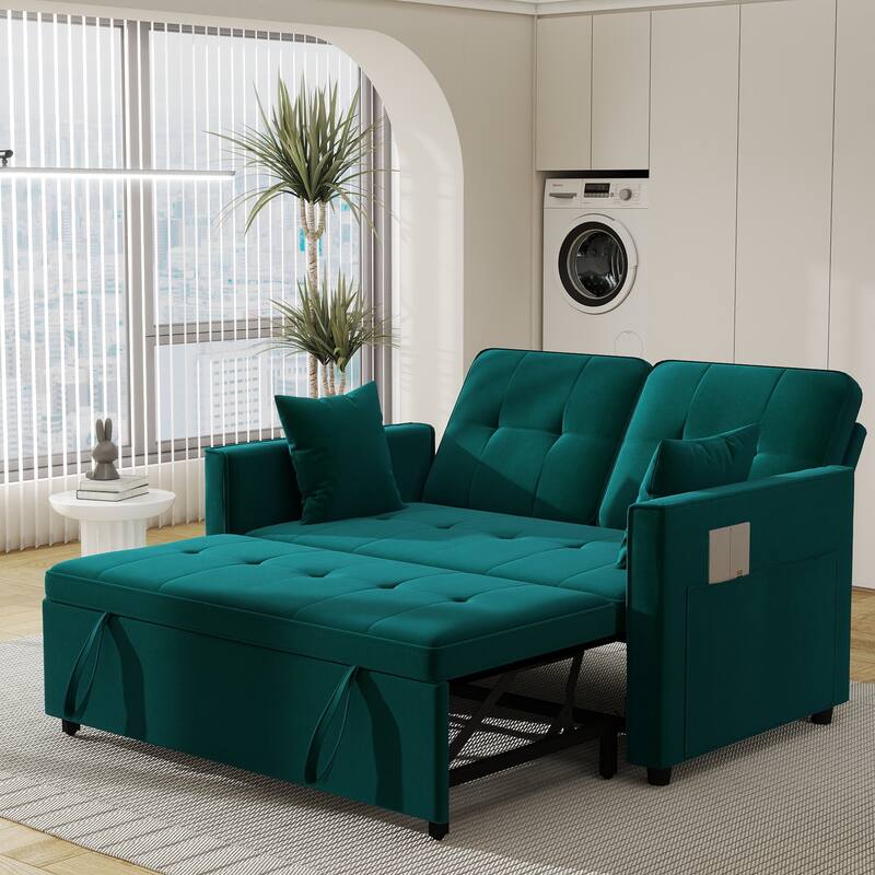 3 in 1 Convertible Sleeper Sofa Bed, Futon Couches for Living Room with Side Pocket, Adjustable Backrest - Green