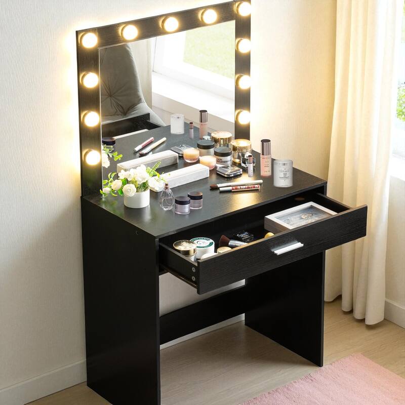 Makeup Vanity Desk with Mirror and LED Lights, Large Drawer, Adjustable Brightness and Storage Shelf