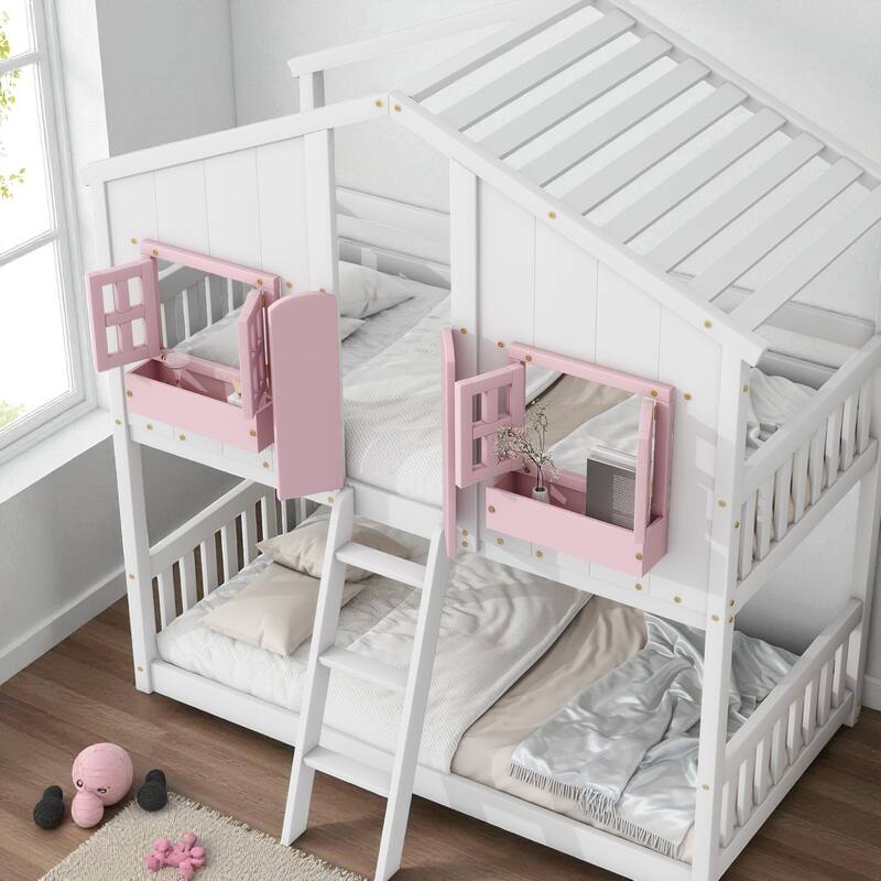 Twin Over Twin Wooden House Bunk Bed with Roof, Windows, Door, and Ladder, Kids Playhouse Bed with Guardrails