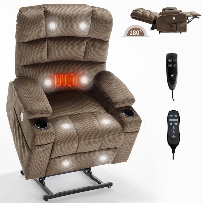 Dual Motor Power Lift Recliner Chair with Massage, Lumbar Heating, 8-Point Vibration, and Dual Cup Holders