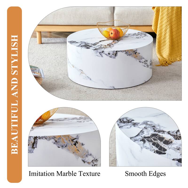 Round Faux Marble Coffee Table, Modern Drum Center Table Wood End Table for Living Room, Apartment, Office