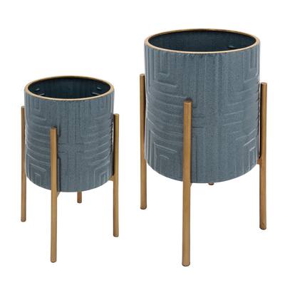 Set of 2 Planter On Metal Stand, Slate Blue, gold 23"H - 14.0" x 14.0" x 23.0"