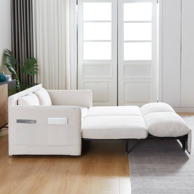65" Corduroy 2-Seater Sleeper Sofa, 3-in-1 with Storage and Side Pocket