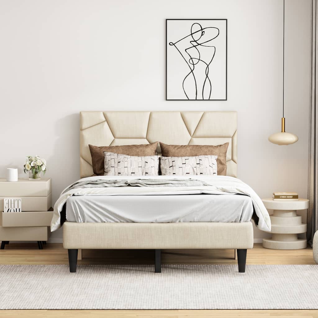 Full Size Bed Frame with Linen Storage Headboard, Sturdy & Stable, No Box Spring Needed, Noise-Free, Beige