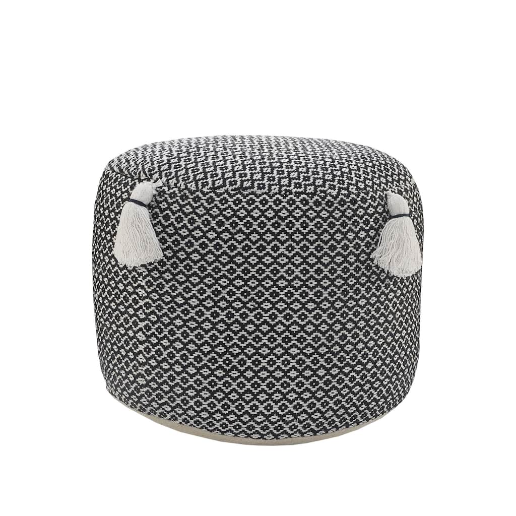 18" Black White Geometric Hcrafted Round Pouf Ottoman with Tassels