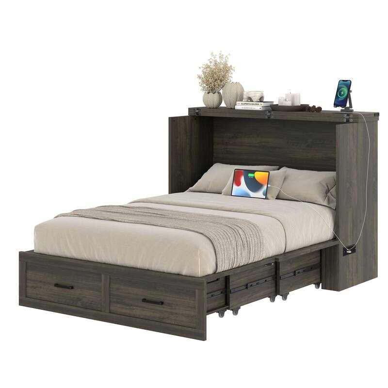 Full / Queen Murphy Bed Cabinet with Built in Charging Station Storage Drawer