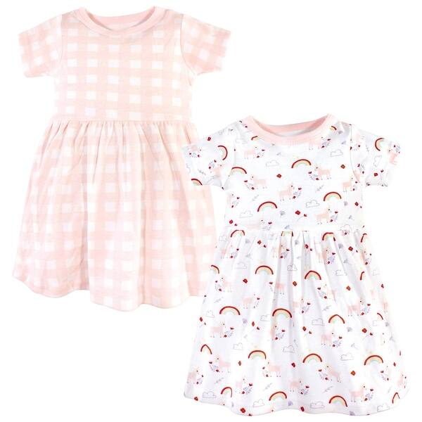 slide 1 of 1, Luvable Friends Baby and Baby Girl Cotton Short-Sleeve Dresses 2pk, Unicorn 0-3 Months - Unicorn