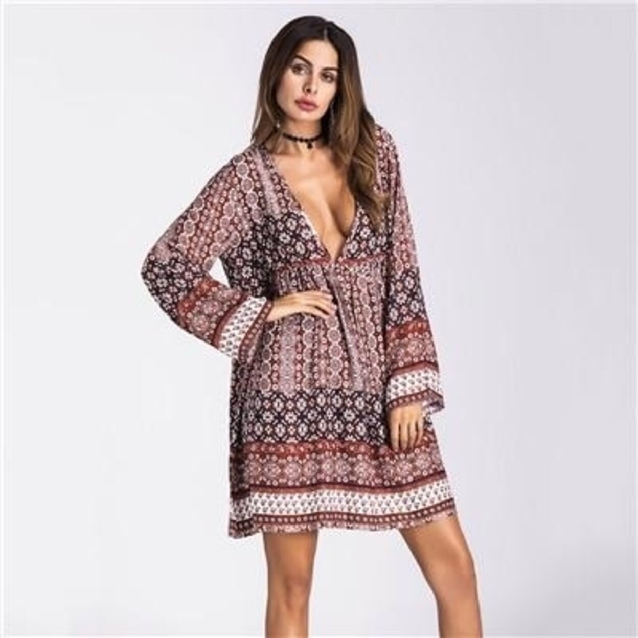 Shop Jessie Vinson Women Plus Size Ethnic Style V Neck Long Sleeve