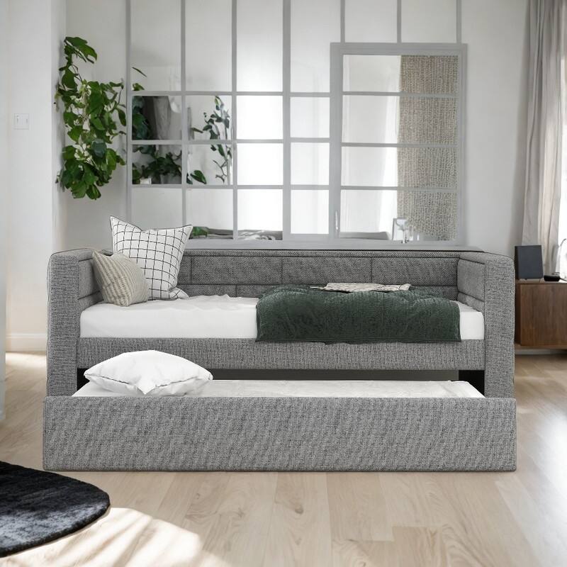 Upholstered Sofa Bed Twin Size Daybed with Wheels Trundle and Padded