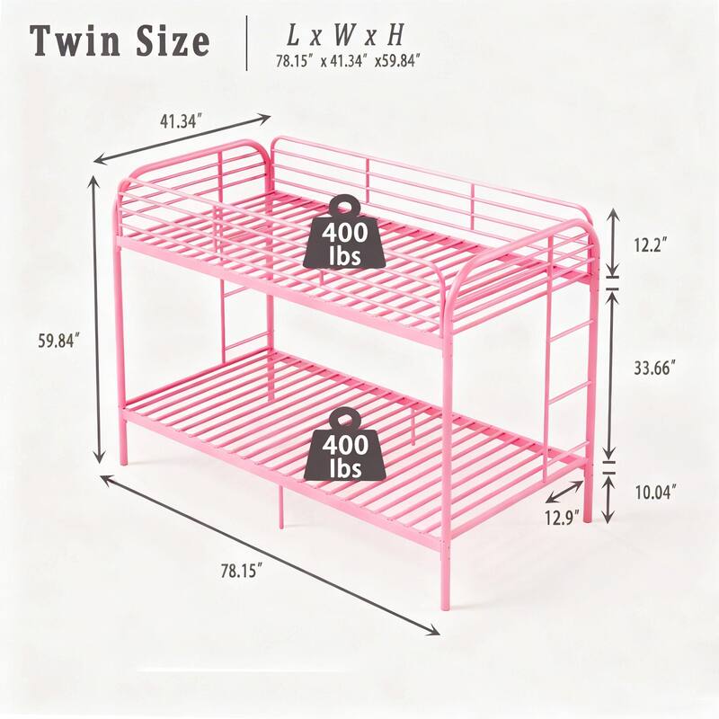 Twin Over Twin Metal Bunk Bed with Dual Ladders, Full Length Guardrails, Heavy Duty Frame, No Box Spring Needed