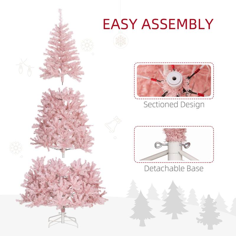 HOMCOM Pre-Lit Douglas Fir Tree - Warm White LED Lights, Realistic Branches, Pink