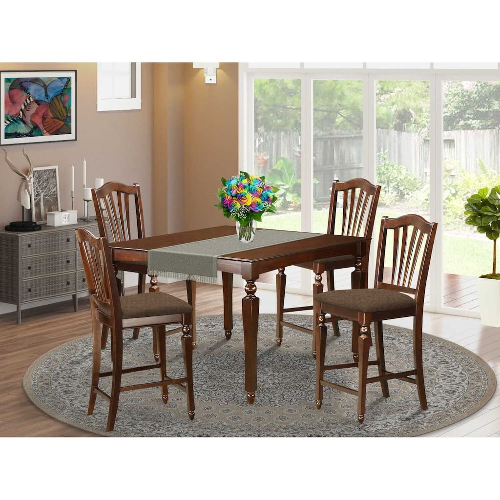 Counter Height Dining Set - 5 Piece Table & Chairs - Eclectic Design - Linen Upholstered Seats - 54x54 Inch Table