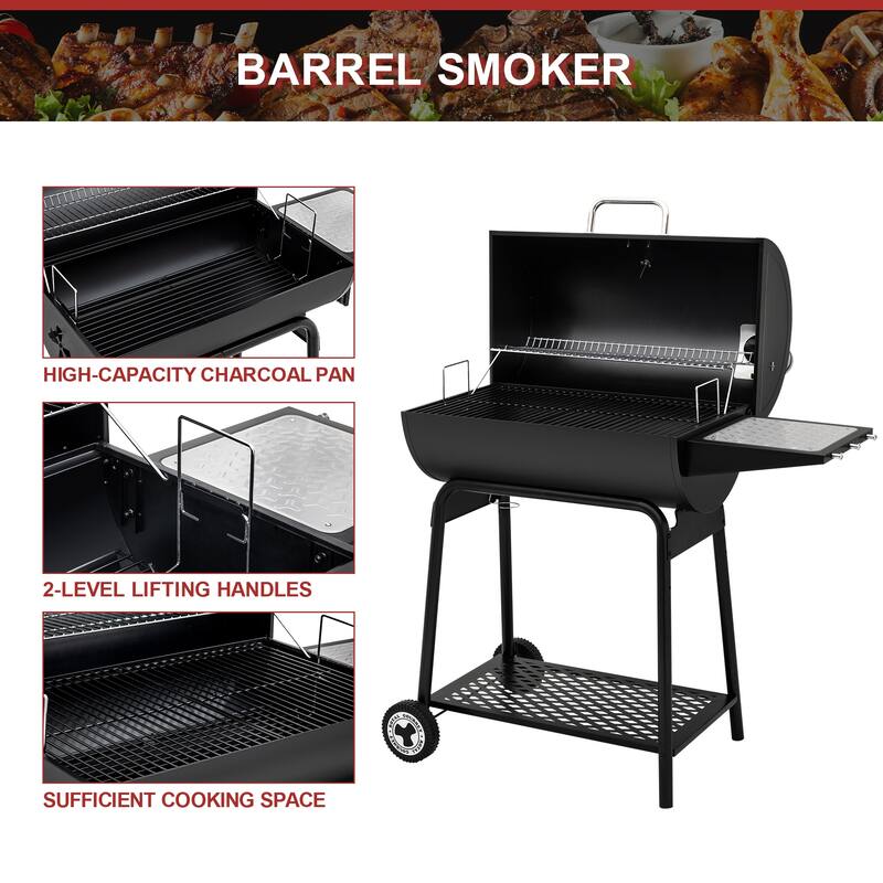 Royal Gourmet CC1830 30-Inch Barrel Charcoal Grill with Side Table, 627 Square Inches, Black