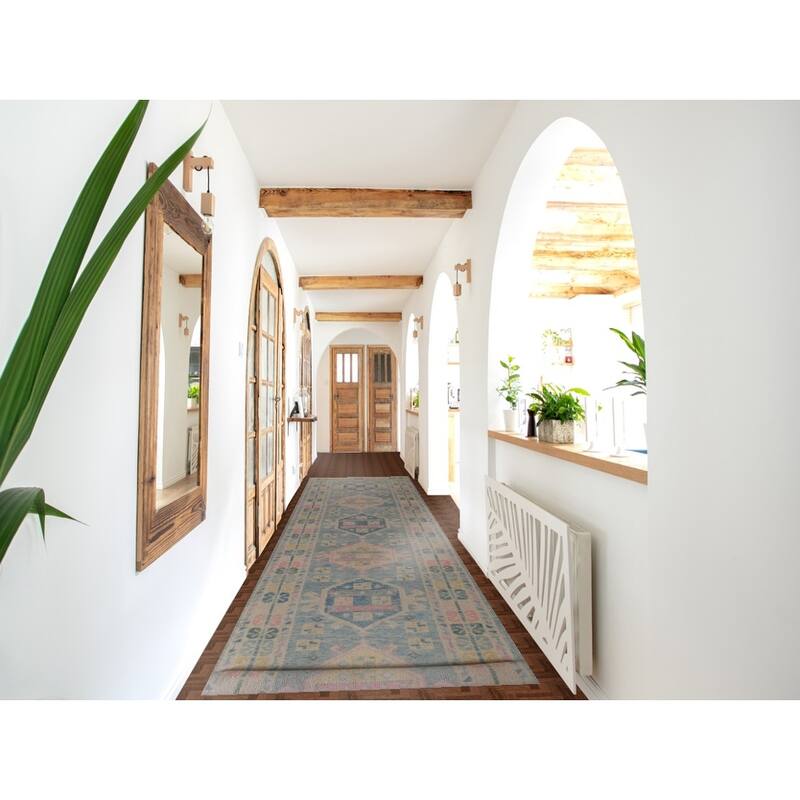 Hand Knotted Oriental 100% Wool Carpet Transitional Geometric Navy Blue & Blues Oushak Runner Rug - 17' 0'' X 3' 3''