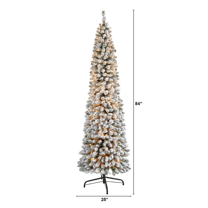 7ft. Flocked Pencil Artificial Christmas Tree with 574 Branches - Sleek Winter Wonderland Holiday X-Mas Tree