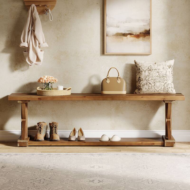 59 Inch Solid Wood Entryway Shoe Bench with Storage Shelves, Farmhouse Style - 59.06" W x 11.81" D x 17.72" H