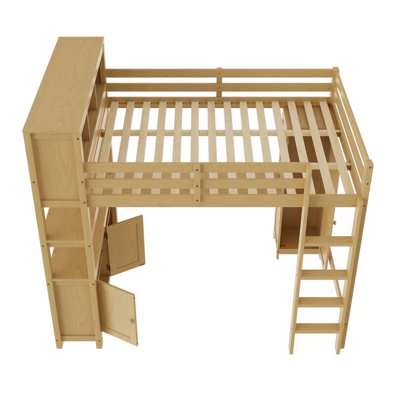 Wood Loft Bed with Cabinet and Bookshelf, Queen Size Loft with Wardrobe and Desk for Kids