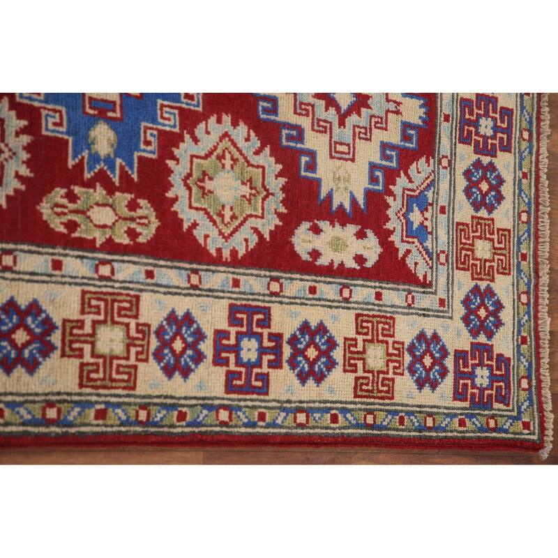 Hand Knotted Oriental 100% Wool Carpet Traditional Geometric Red Kazak Runner Rug - 8' 7'' X 2' 8''