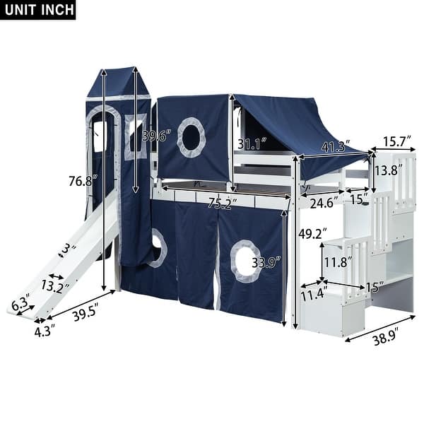 dimension image slide 2 of 4, Castle Style Loft Bed with Tent and Tower, Kids Playhouse Solid Wood Bunk Bed with Storage Stairs and Slide for Boys Girls