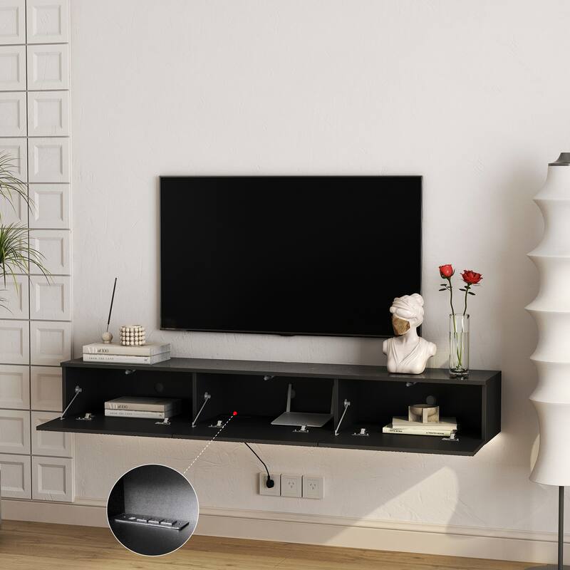 Modern Floating Wall-Mounted TV Cabinet, for 55/60/65 Inch TVs, with 16-Color LED Lighting, for Living Rooms, Black
