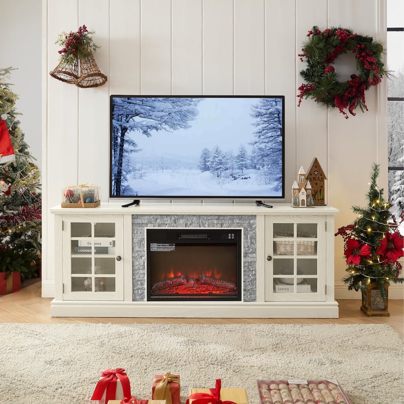 Fireplace TV Stand Faux Stone Media Console Cabinet TVs up to 75 - White