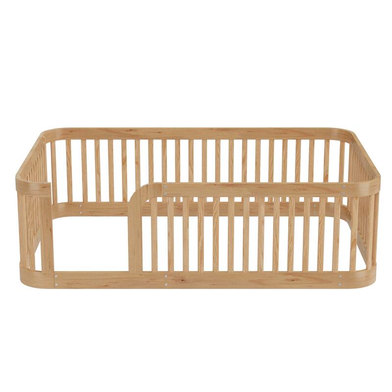 Wood Twin/Full Size Wood Floor Bed Frame with Fence