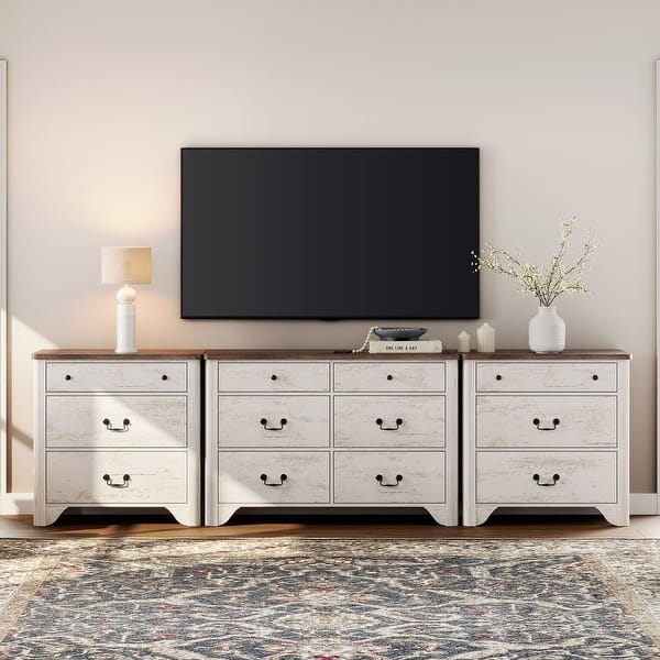 white dresser tv stand WAMPAT 67" Modern for 75 Inch TV, Wood with 5 Drawers and 2 Doors, Off White, 100" TV Stand study rooms Dresser Turned TV Stand -