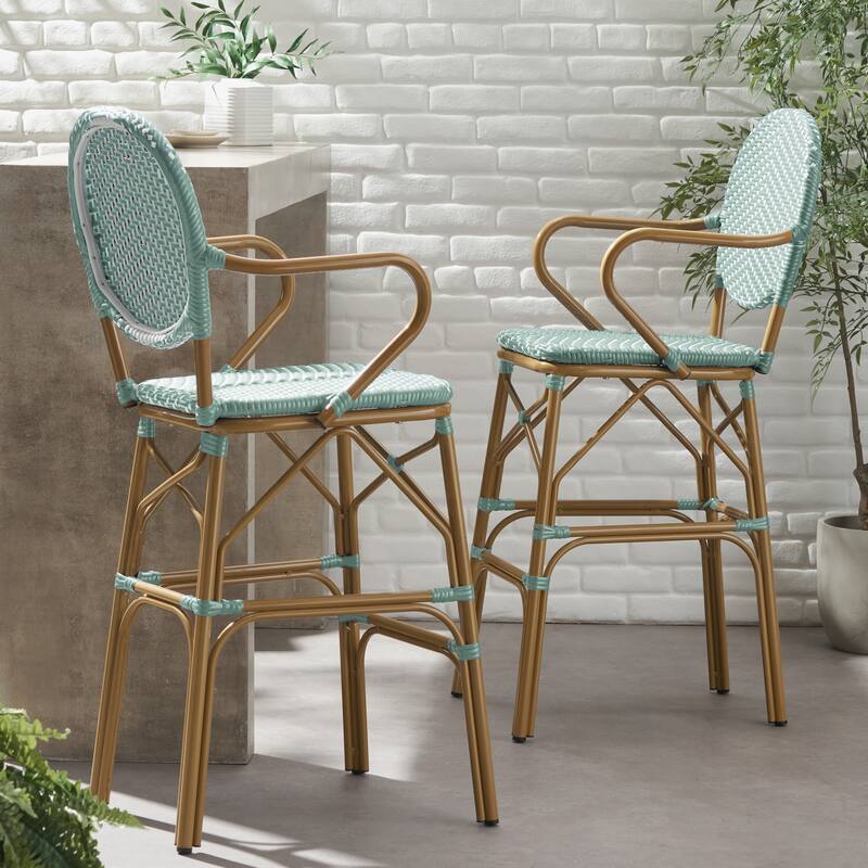 Outdoor Wicker and Aluminum Barstools, Set of 2