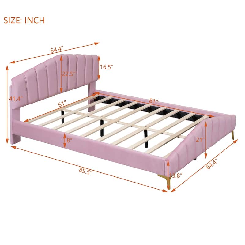 Queen Size Velvet Platform Bed with Thick Fabric