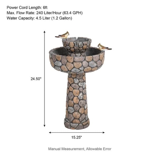 dimension image slide 1 of 2, Glitzhome 24-inch Outdoor 2-tier Faux Pebbles Polyresin Birdbath Fountain with Pump