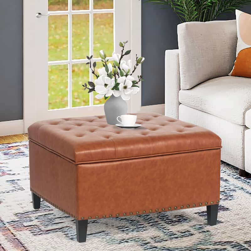 Adeco Large Square Footstool Fabric Storage Ottoman Bench