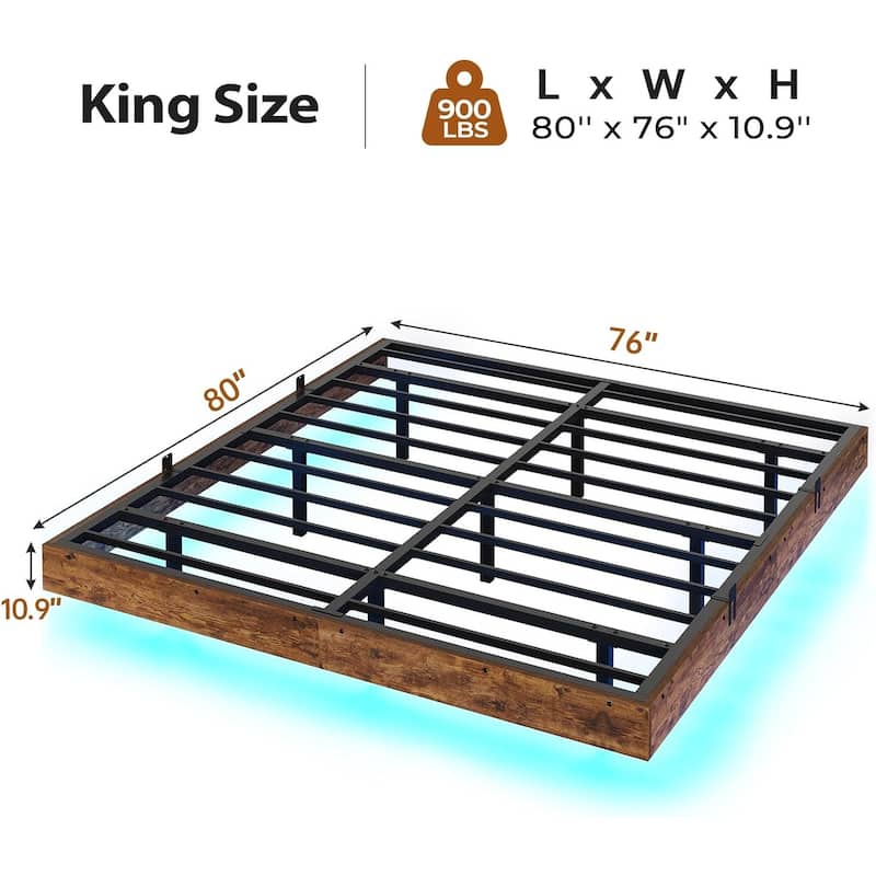 Bed Frame Floating LED Lights Industrial Wooden Metal Platform Bed