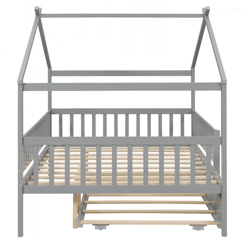 Full Size Wooden House Bed with Twin Size Trundle