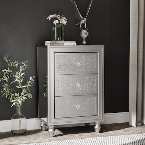 Mirrored Nightstand with 3-Drawers, Mirror End Table Silver Bedside Table