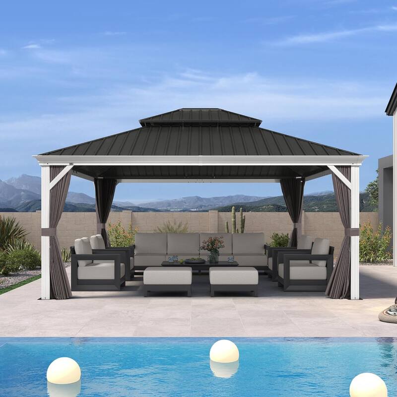 PURPLE LEAF Patio Hardtop Gazebo Pro for Outdoor Grey Galvanized Steel Double Roof White Aluminum Poles