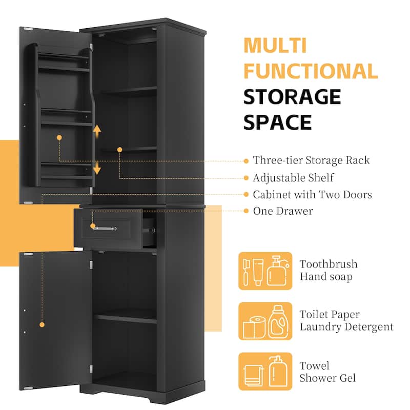 4-Door Tall Storage Cabinet - Adjustable Shelves & Door Racks, MDF Painted Finish for Bathroom/Office