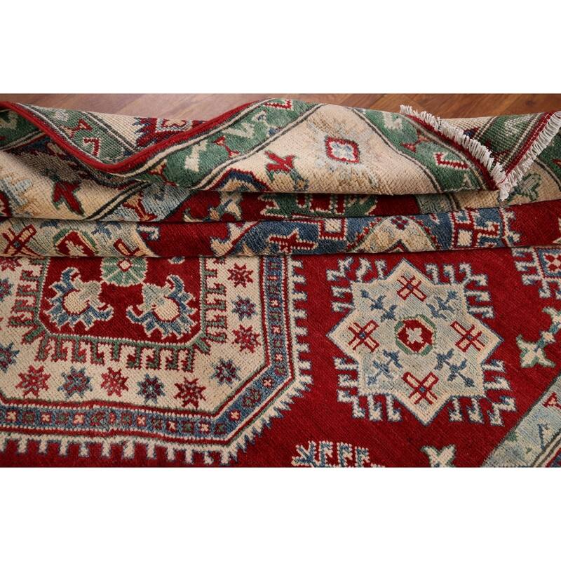 Geometric Red Kazak Oriental Area Rug Hand-Knotted Wool Carpet - 5'1" x 6'8"